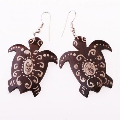 Painted wooden earrings Turtles On Vacation | dark brown, light brown