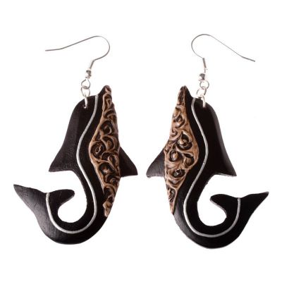 Painted wooden earrings Synchronized Dolphins