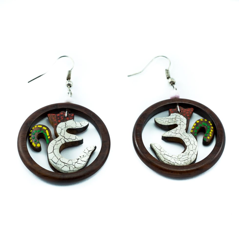 Painted wooden earrings Coloured Om