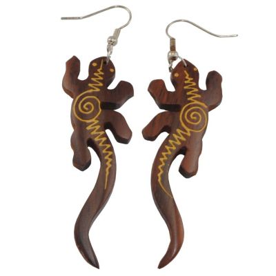 Painted wooden earrings Electric lizard