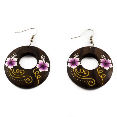 Painted wooden earrings Cute flowers - purple