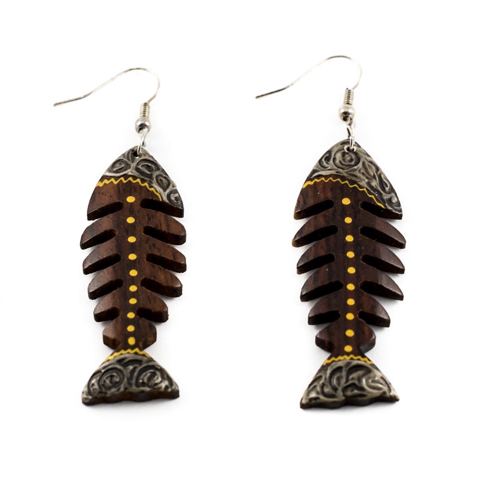 Painted wooden earrings Fishbone