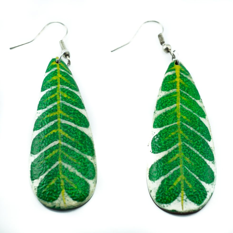 Painted wooden earrings Green leaves