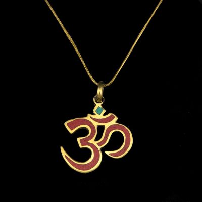Brass pendant Om with Coral Imitation and Tyrkenite | separate pendant, with a chain - circumference 45 cm, with a chain - circumference 55 cm