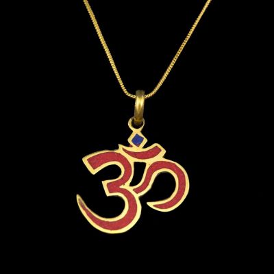 Brass pendant Om with Coral Imitation and Lapis Lazuli | separate pendant, with a chain - circumference 45 cm, with a chain - circumference 55 cm