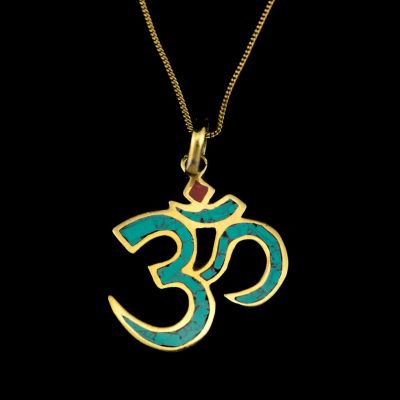 Brass pendant Om with Tyrkenite and Coral Imitation