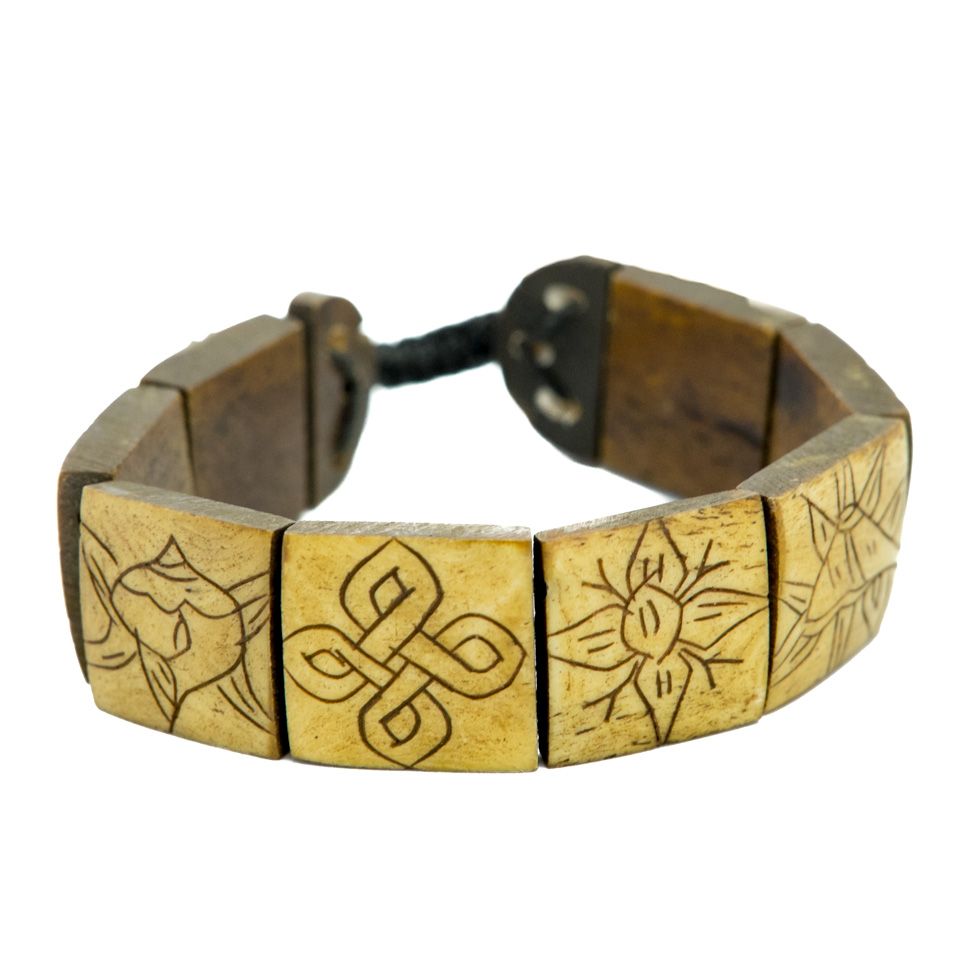 Bone bracelet Ashtamangala - square, light brown Nepal