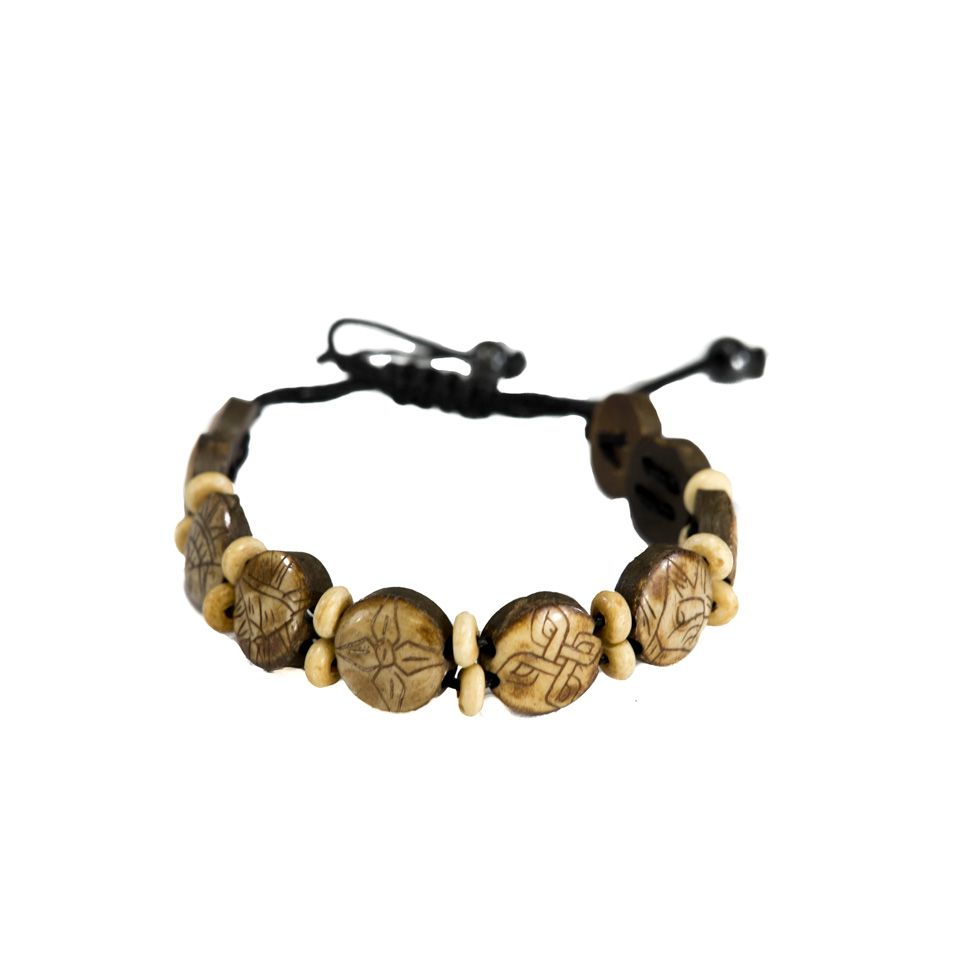 Bone bracelet Ashtamangala - round, light brown, smaller Nepal