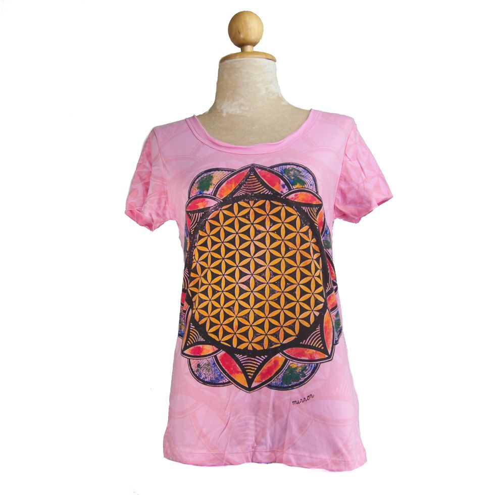 Women's ethno t-shirt with short sleeves Mirror Flower of Life Pink Thailand
