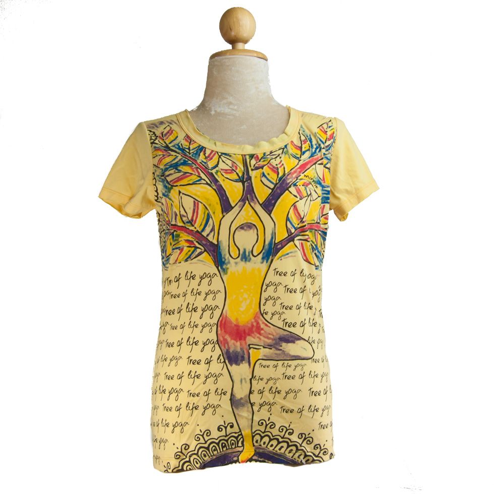 Women's ethno t-shirt with short sleeves Mirror Tree of life yoga Yellow Thailand