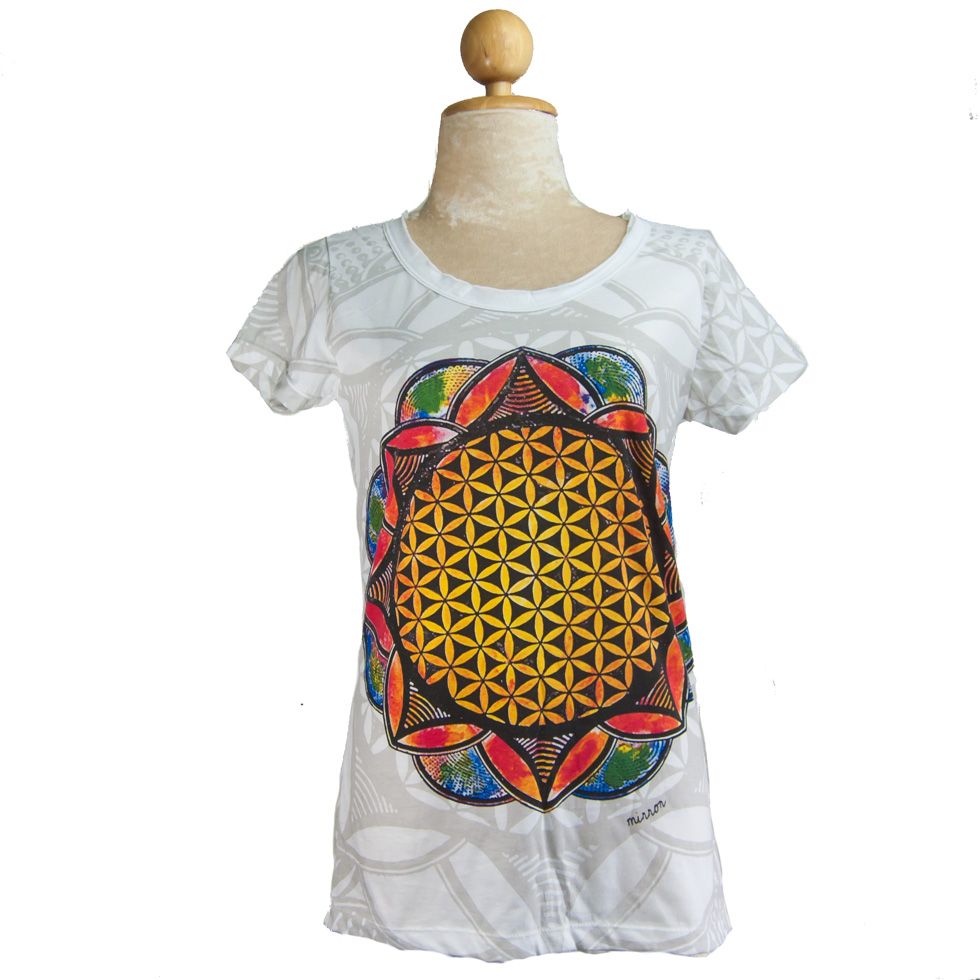 Women's ethno t-shirt with short sleeves Mirror Flower of Life White Thailand