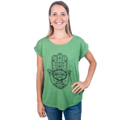 Women's t-shirt with short sleeves Darika Hamsa Green | UNISIZE 