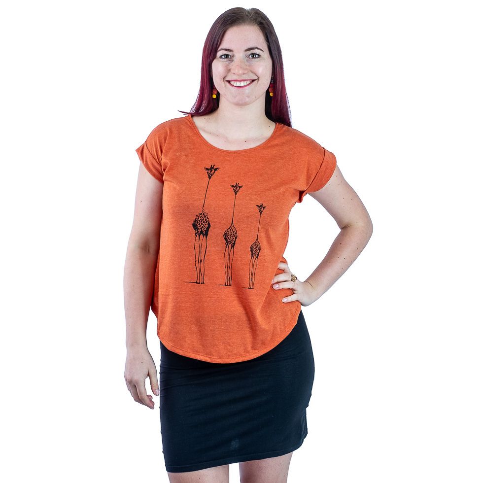 Short sleeve lady T-shirt Darika Giraffe Family Orange Thailand