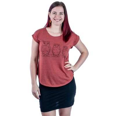 Short sleeve lady T-shirt Darika Owl Family Burgundy | UNISIZE