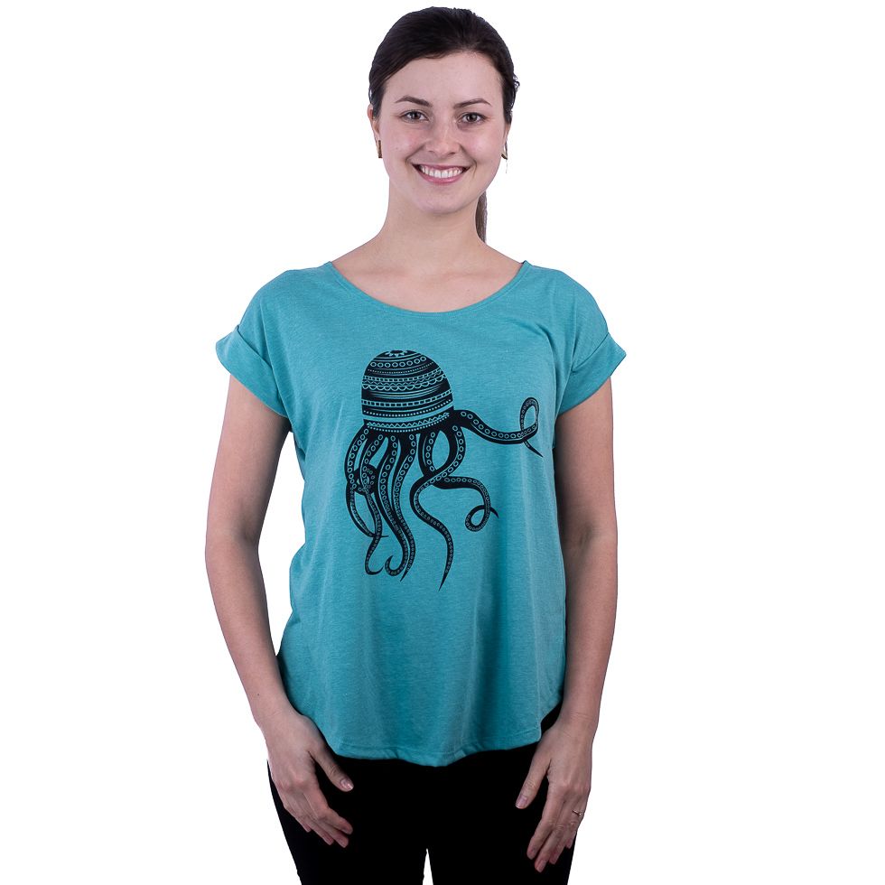 Short sleeve lady T-shirt Darika Octopus Turquoise Thailand