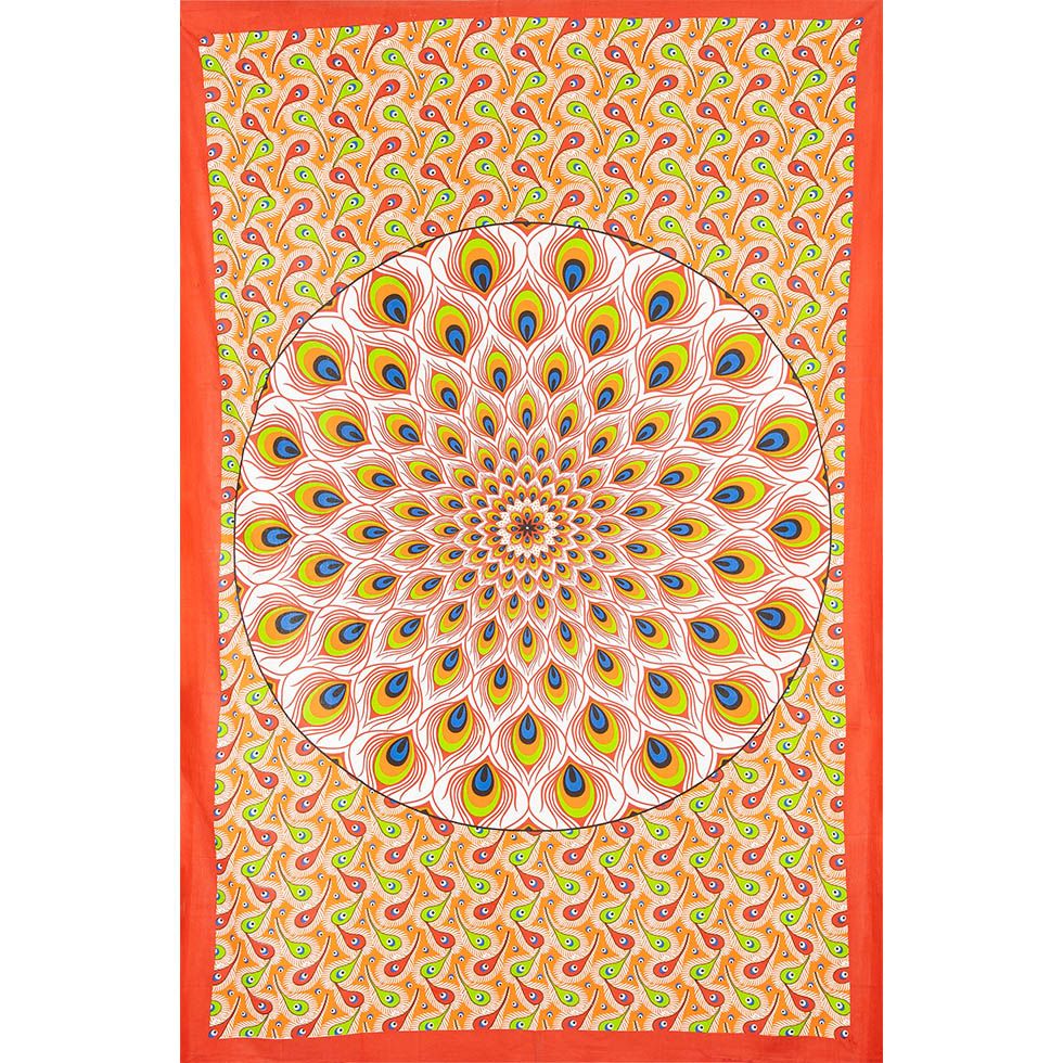 Cotton bed cover Peacock Mandala – red-orange India
