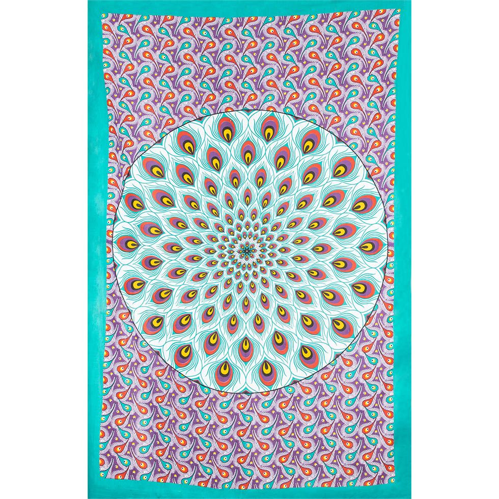 Cotton bed cover Peacock Mandala – green-purple India