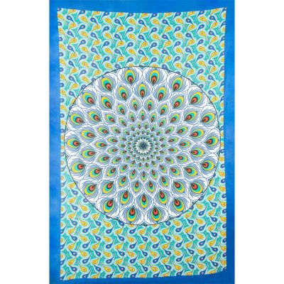 Cotton bed cover Peacock Mandala – green-blue