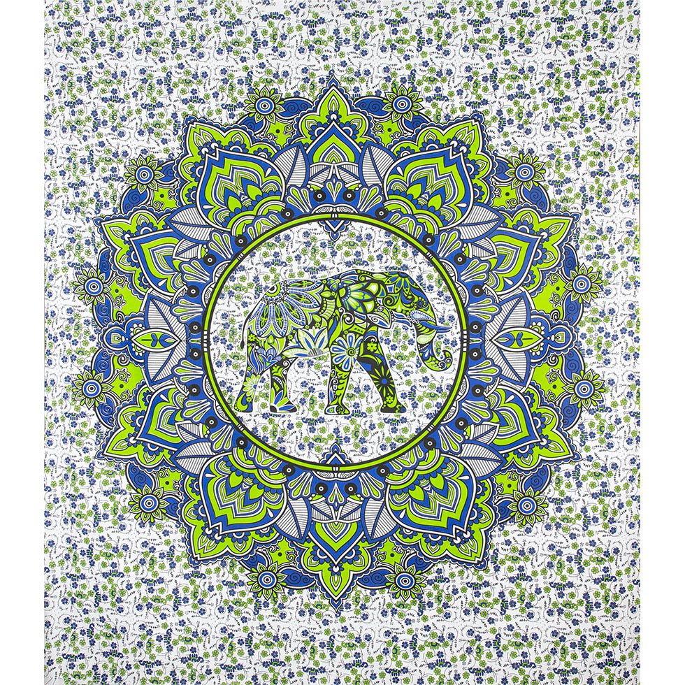 Cotton bed cover Elephant Mandala – green-blue India