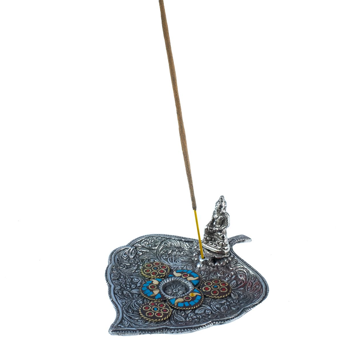 Metal incense holder Leaf with Buddha and a mosaic 2 India