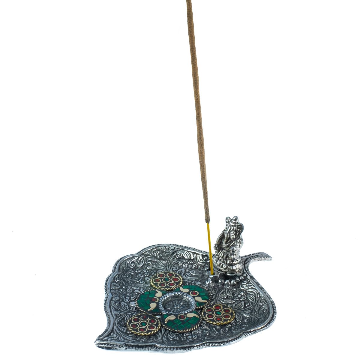 Metal incense holder Leaf with Ganesh and a mosaic 2 India