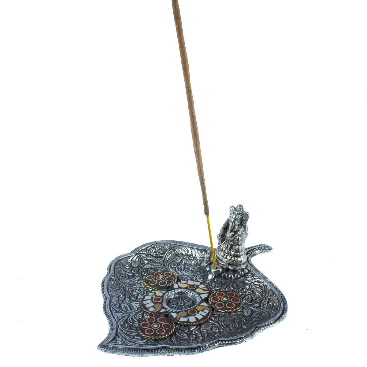 Metal incense holder Leaf with Ganesh and a mosaic 1 India