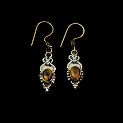 Brass earrings Putri | tiger eye, tyrkenite, Mondstein, onyx