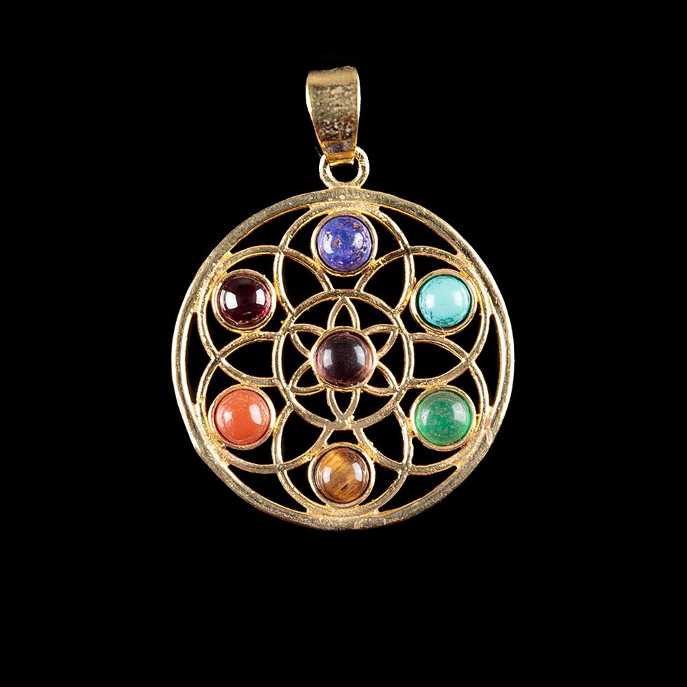 Brass pendant with seven chakras Flower of Life India