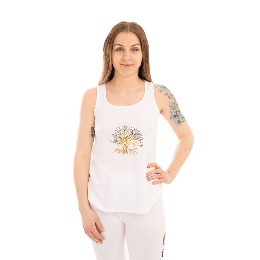 Cotton yoga outfit Tree of Life and Chakras – white - - top S/M Nepal