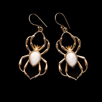 Brass earrings Spiders Moon stone India