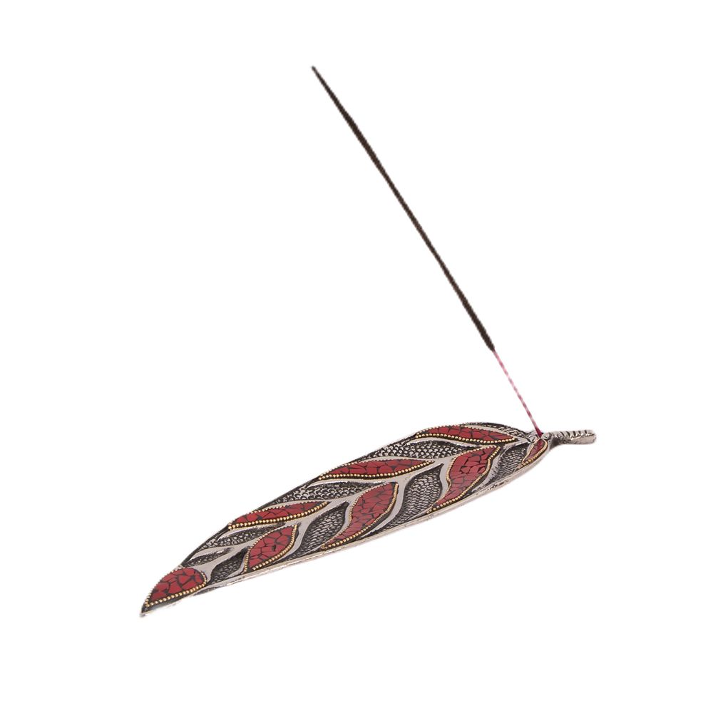 Metal incense holder Leaf Red India