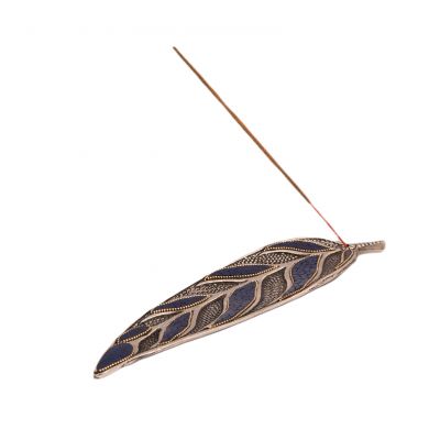 Metal incense holder Leaf Blue