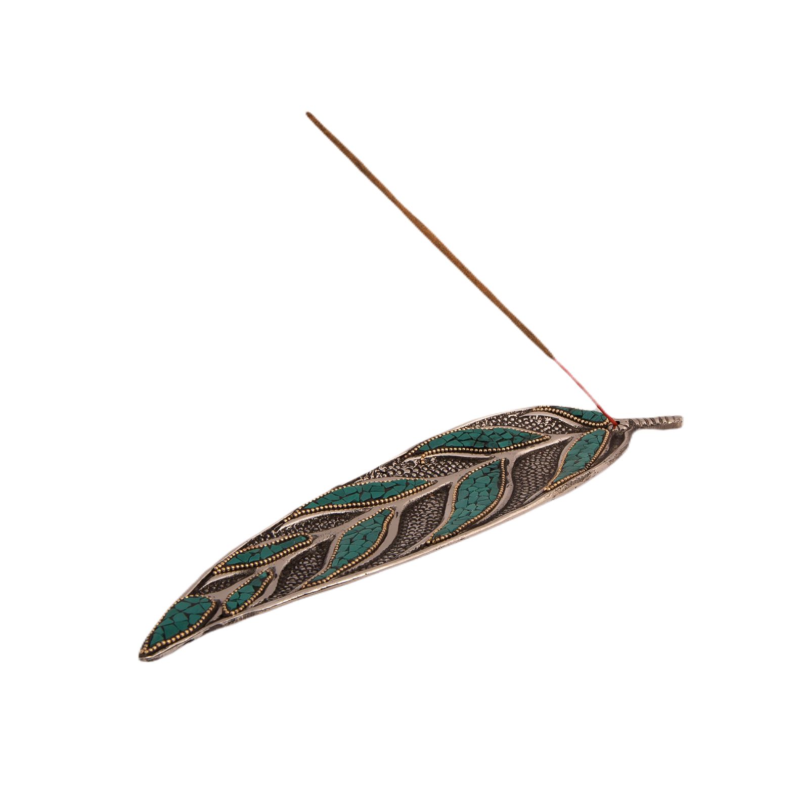 Metal incense holder Leaf Green India