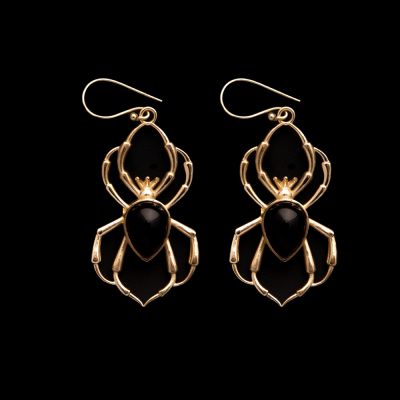 Brass earrings Spiders Onyx
