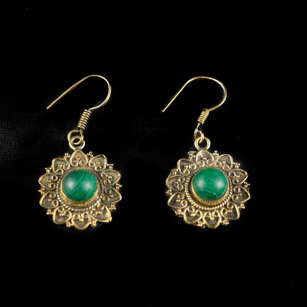 Brass earrings Trayi Malachite India
