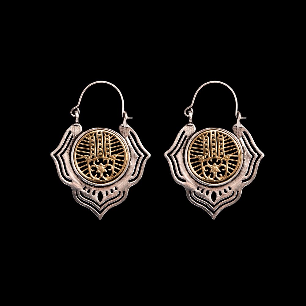 Brass and german silver earrings Lotus Hamsa India