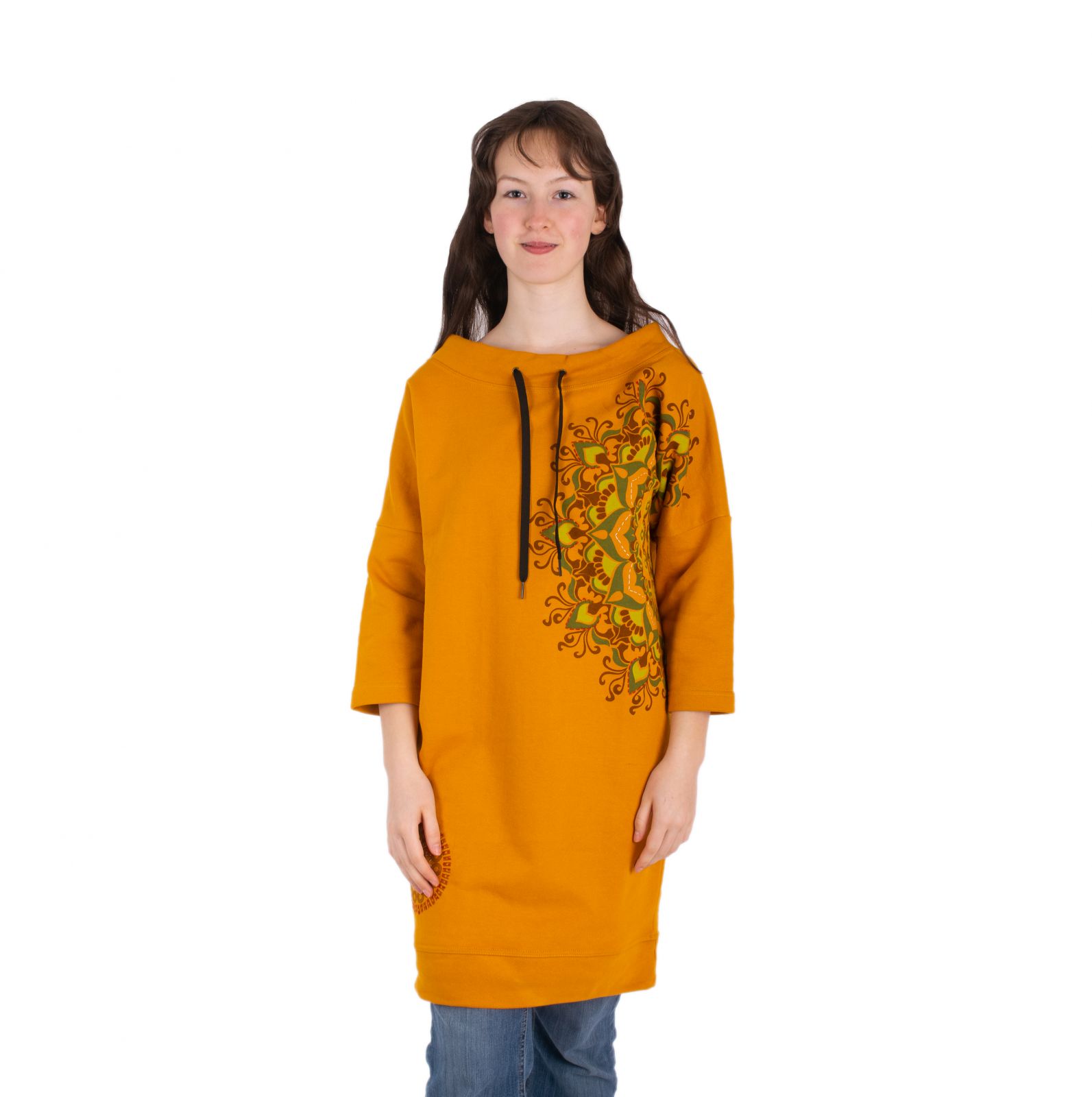 Sweatshirt dress with mandalas Alisha Mustard Yellow Nepal