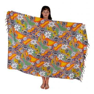 Sarong / pareo / beach scarf Flowers and Turtles Orange