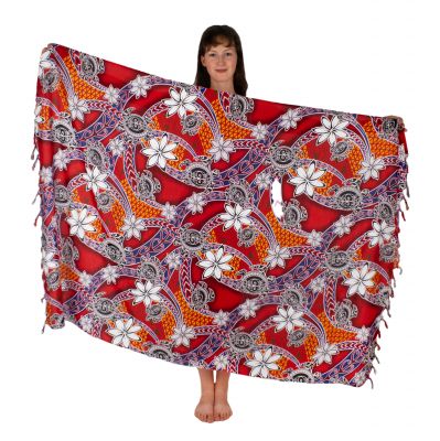 Sarong / pareo / beach scarf Flowers and Turtles Red