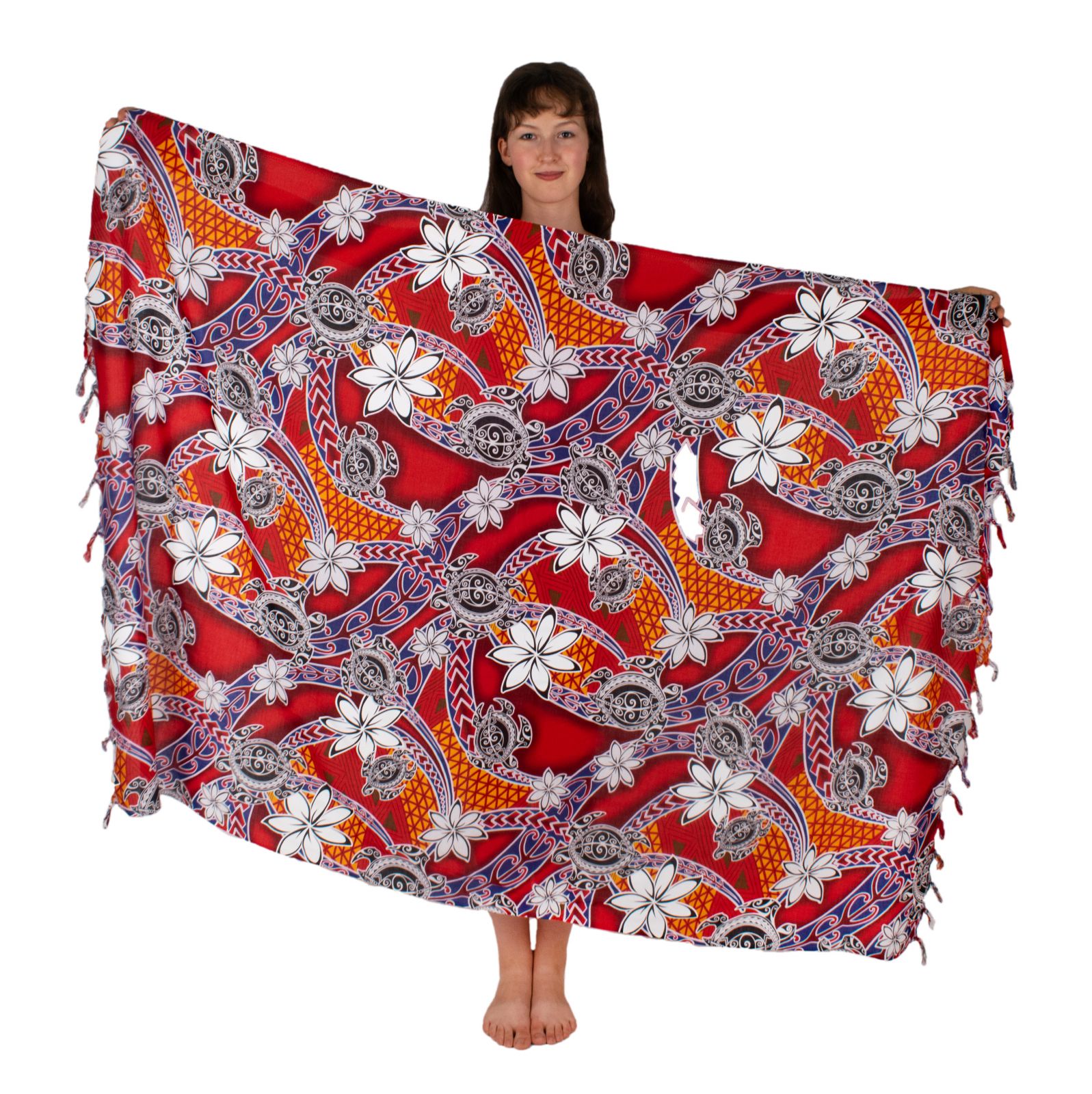 Sarong / pareo / beach scarf Flowers and Turtles Red Thailand