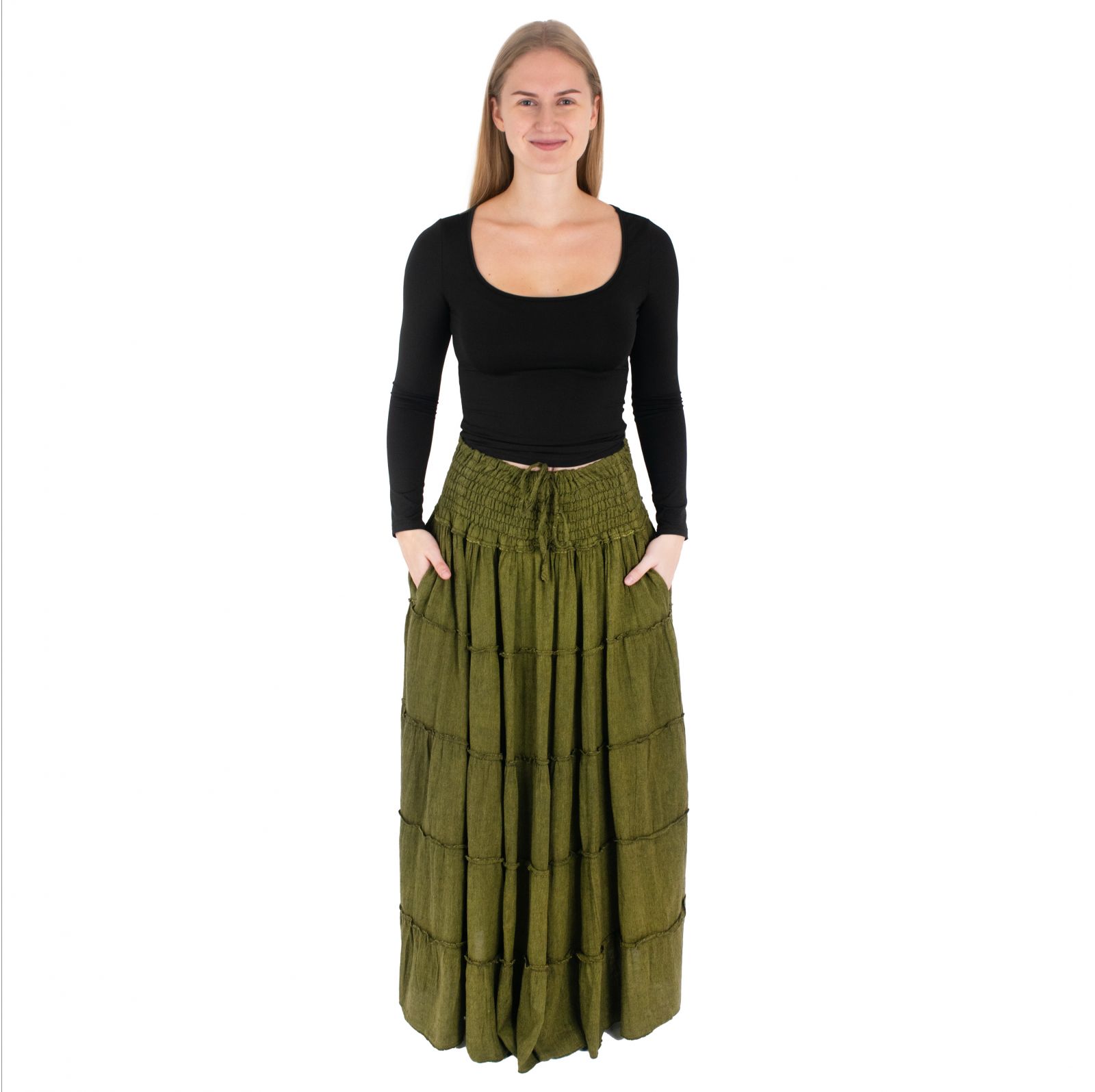 Long ethnic / hippie skirt Bhintuna Khaki Green Nepal