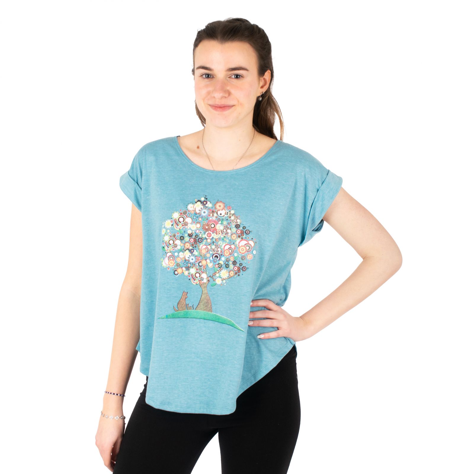 Short sleeve lady T-shirt Darika Tree of Friendship Aquamarine Thailand
