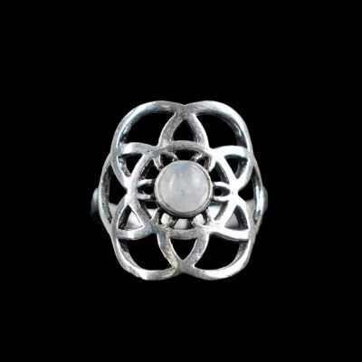 German silver ring Flower of Life Moon stone