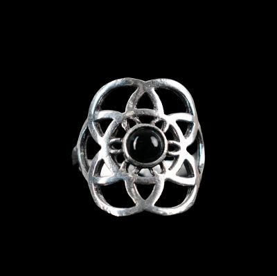 German silver ring Flower of Life Black onyx